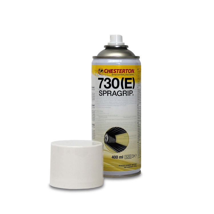 Chesterton 730(E) Spragrip sprayburk för remdrifter. Vit sprayburk med gul etikett.