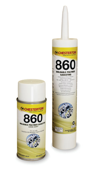 Två Chesterton 860 Moldable Polymer Gasketing produkter - en spray och en tub med vit och gul etikett.
