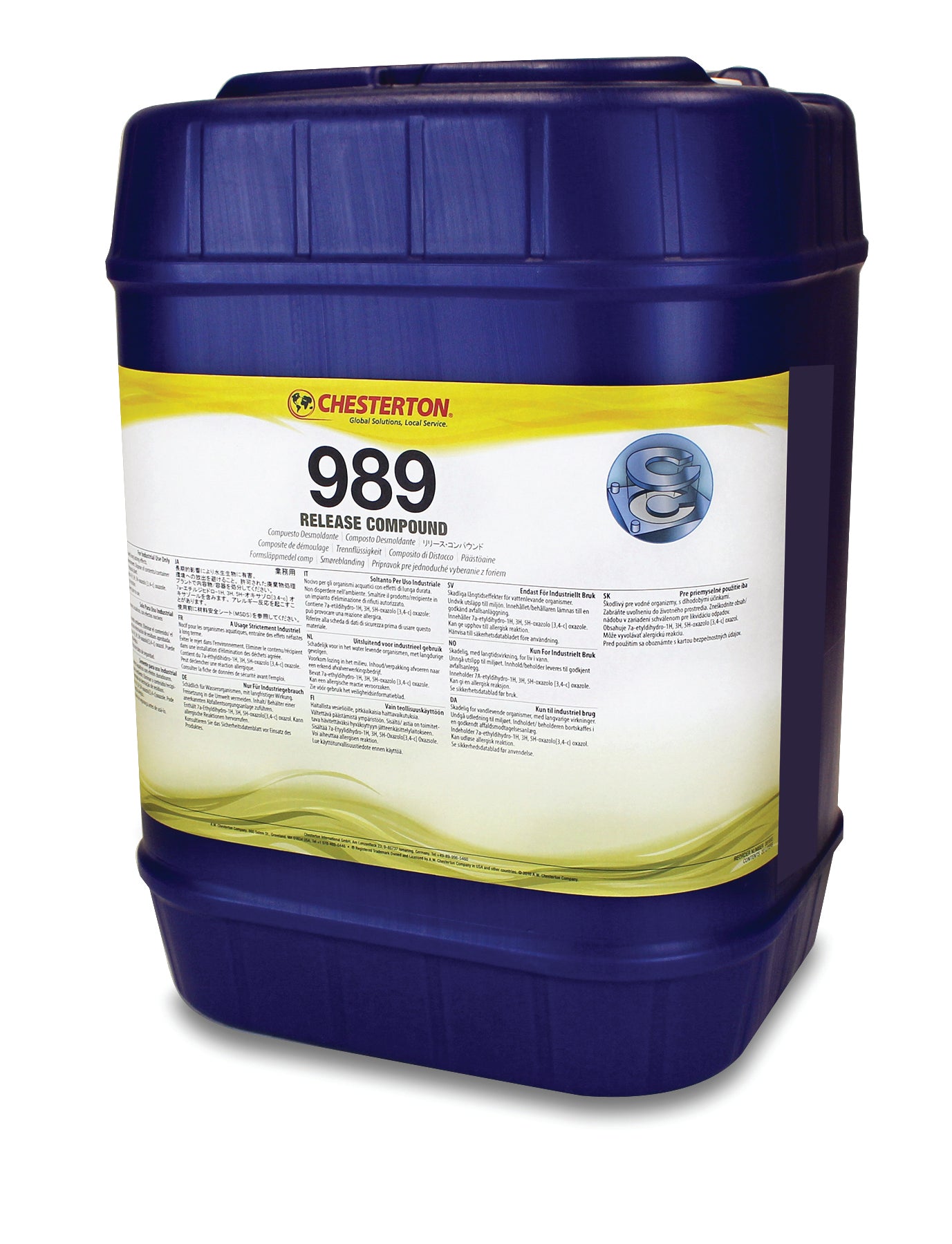 Blå Chesterton 989 Release Compound behållare med gul och vit etikett. Industriell förpackning för formssläppmedel.