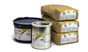Komplett ARC EG-1 system från Chesterton med blå burk (komponent A), silverburk (komponent B) och tre papperspåsar (komponent C).