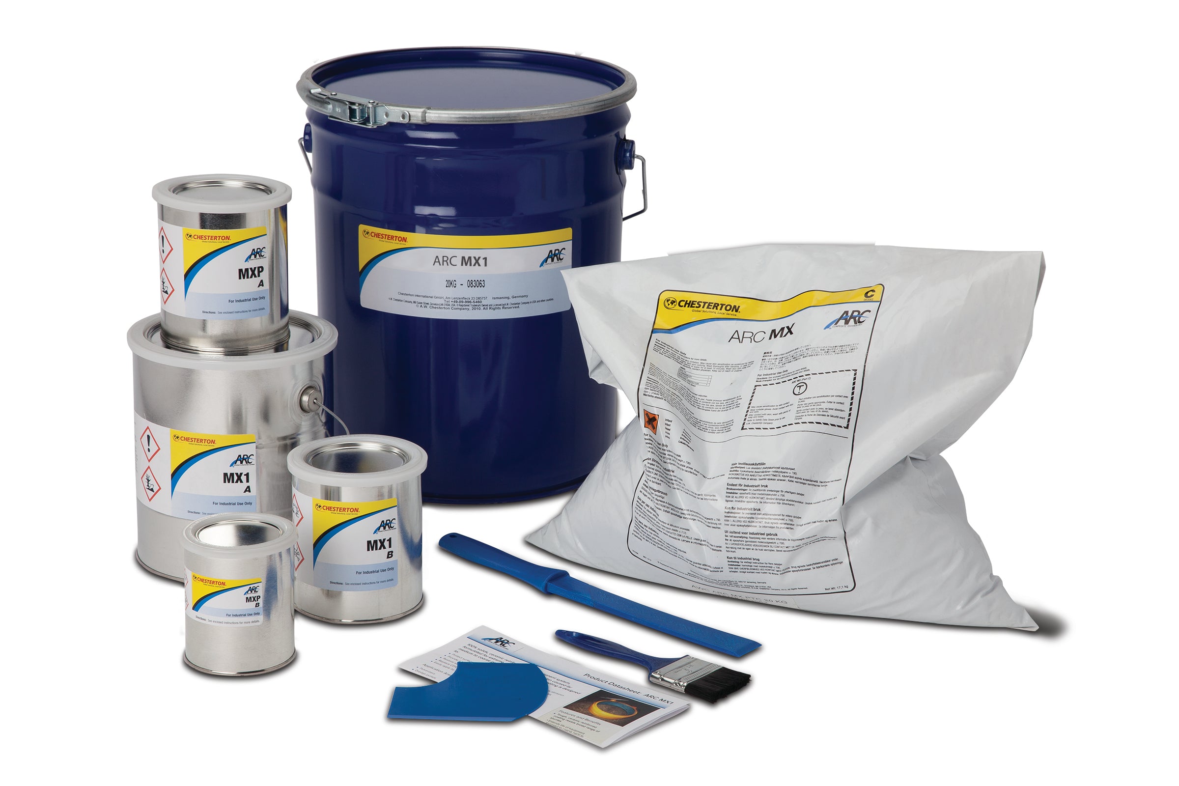Blå industriell förpackning med ARC MX1 ytbeläggningsprodukter inklusive burkar, påse och appliceringsverktyg för ytskydd.