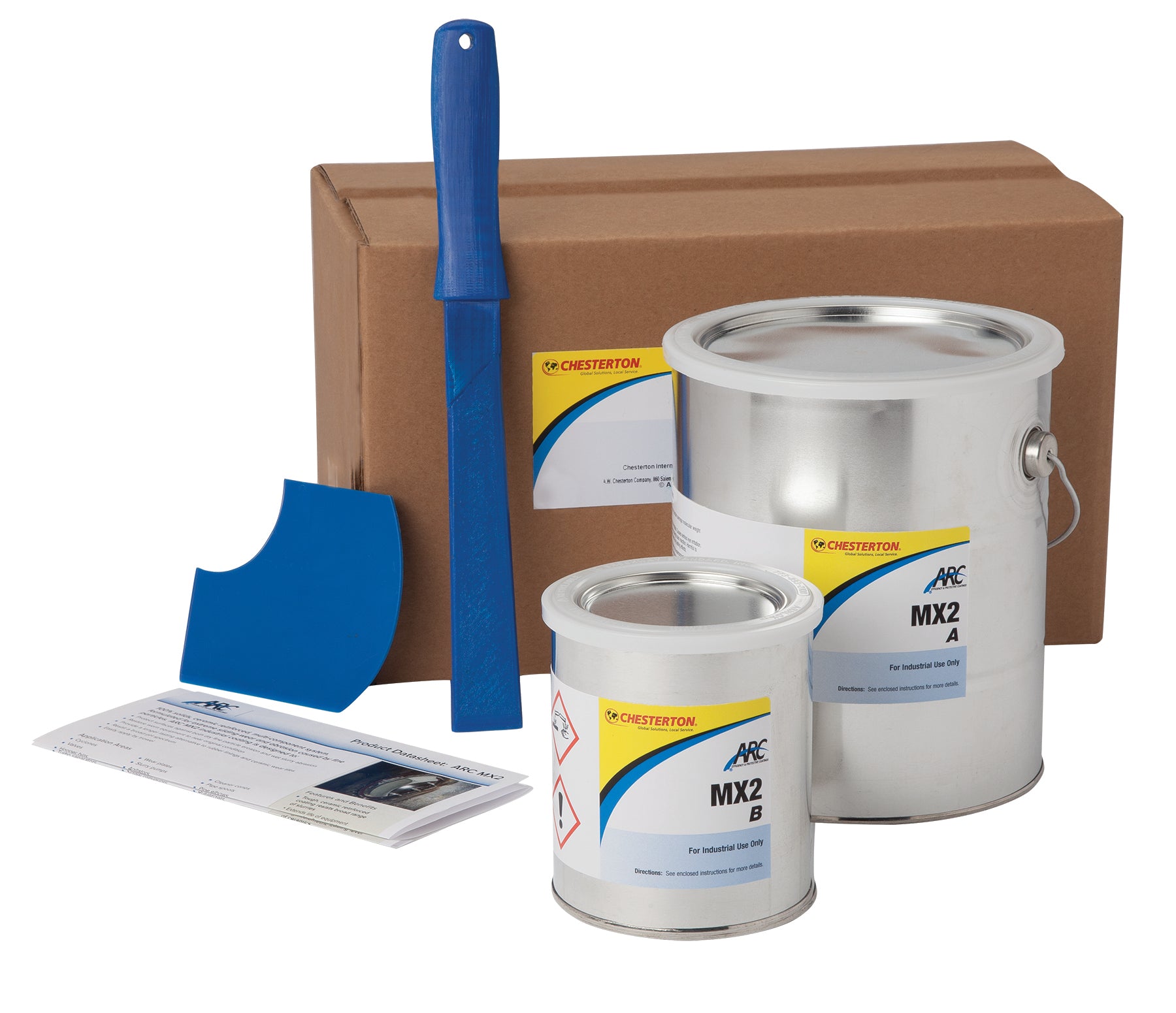 Chesterton ARC MX2 tvåkomponentssystem med behållare märkta A och B, appliceringsverktyg och bruksanvisning för industriell användning.