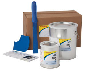 Chesterton ARC MX2 tvåkomponentssystem med behållare märkta A och B, appliceringsverktyg och bruksanvisning för industriell användning.