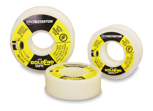 Tre Chesterton Gold End Tape rullar i olika storlekar. Vita tejpruller med gula och svarta etiketter märkta med 800 Gold End Tape.