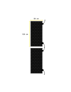 Illustration av två svarta Safestep värmemattor med blomformat mönster och anslutningskablar för seriekoppling i storleken 50x120 cm.