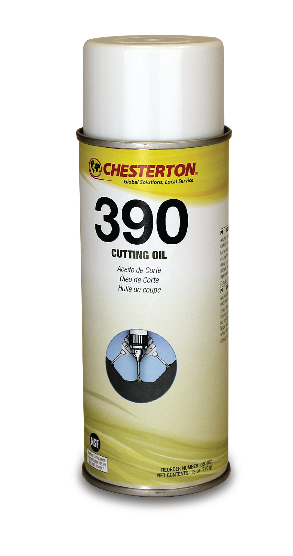 Chesterton 390 skärolja med vit överdel och en gul/vit etikett.