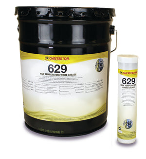 Två behållare med Chesterton 629 High Temperature White Grease - en svart hink och en vit tub. 