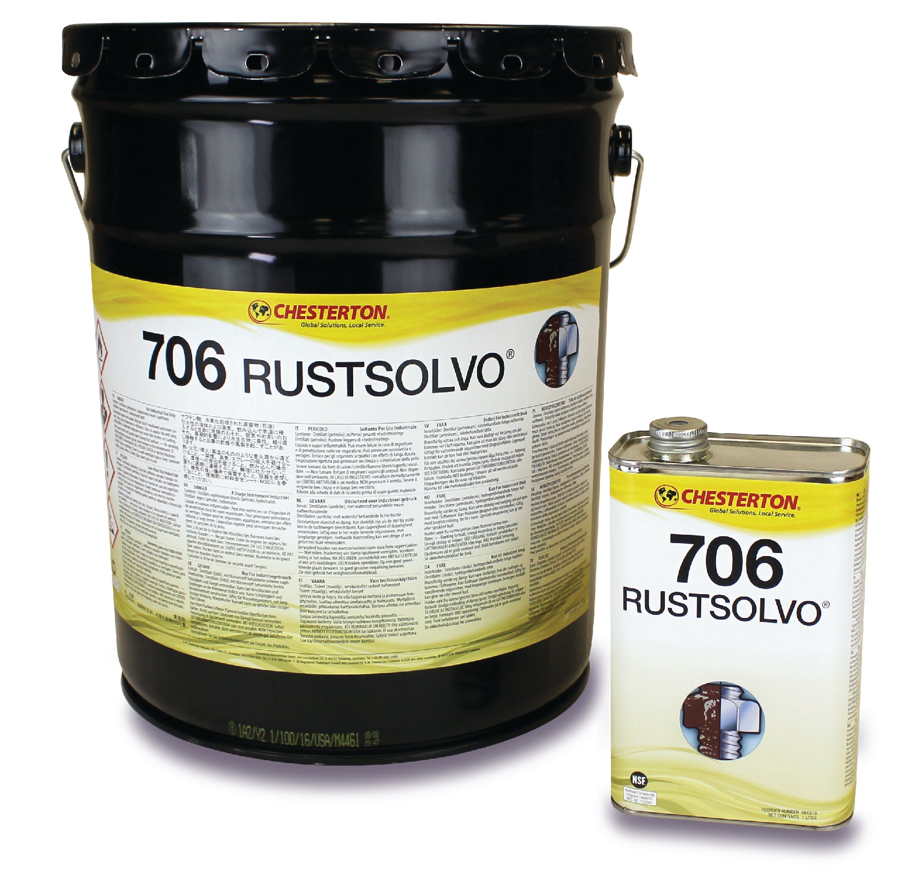 En svart hink och en mindre dunk med Chesterton 706 Rustsolvo rostlösare för industriellt bruk..