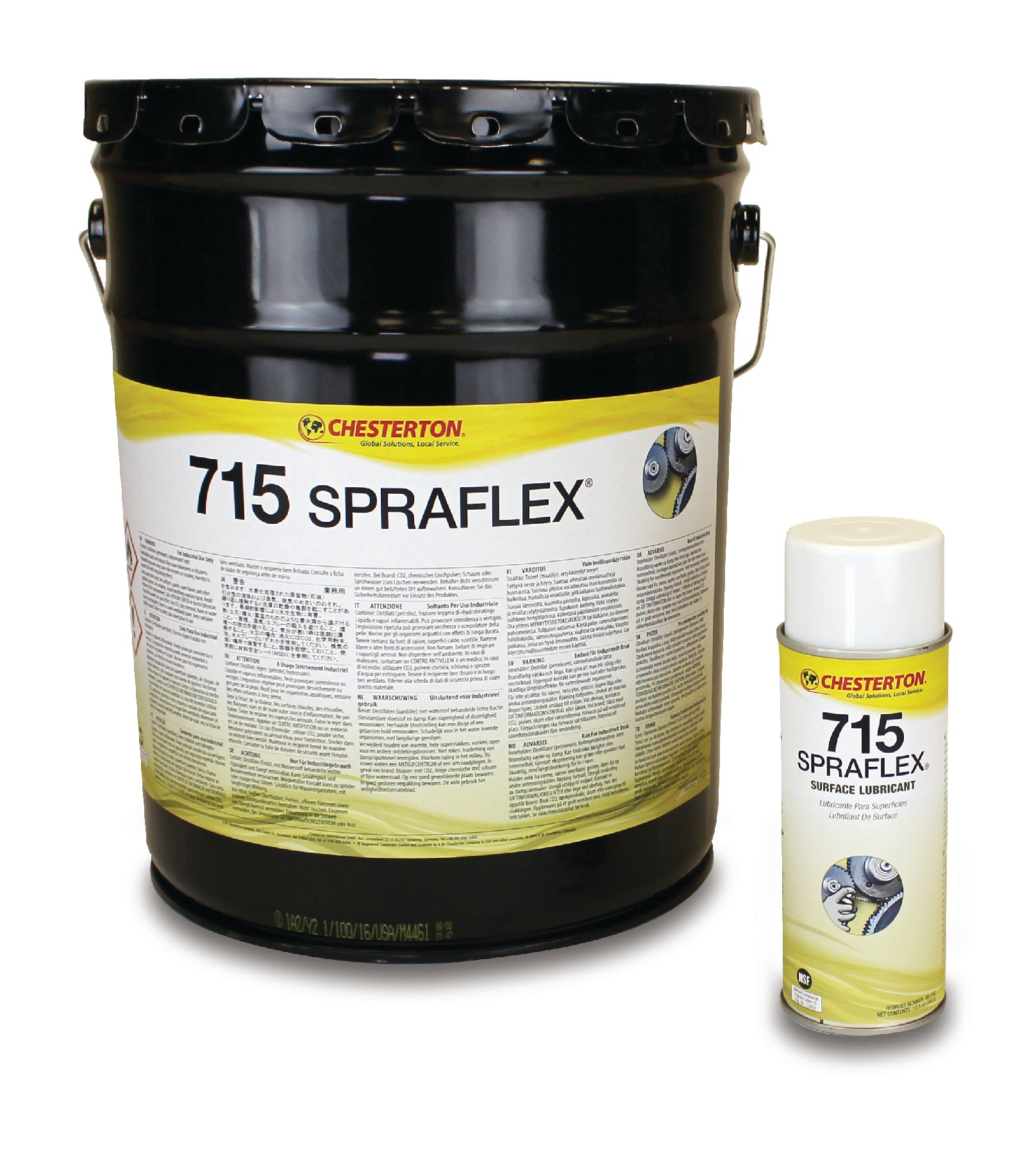 Chesterton 715 Spraflex ytsmörjmedel i två förpackningsstorlekar - svart hink och vit sprayburk 