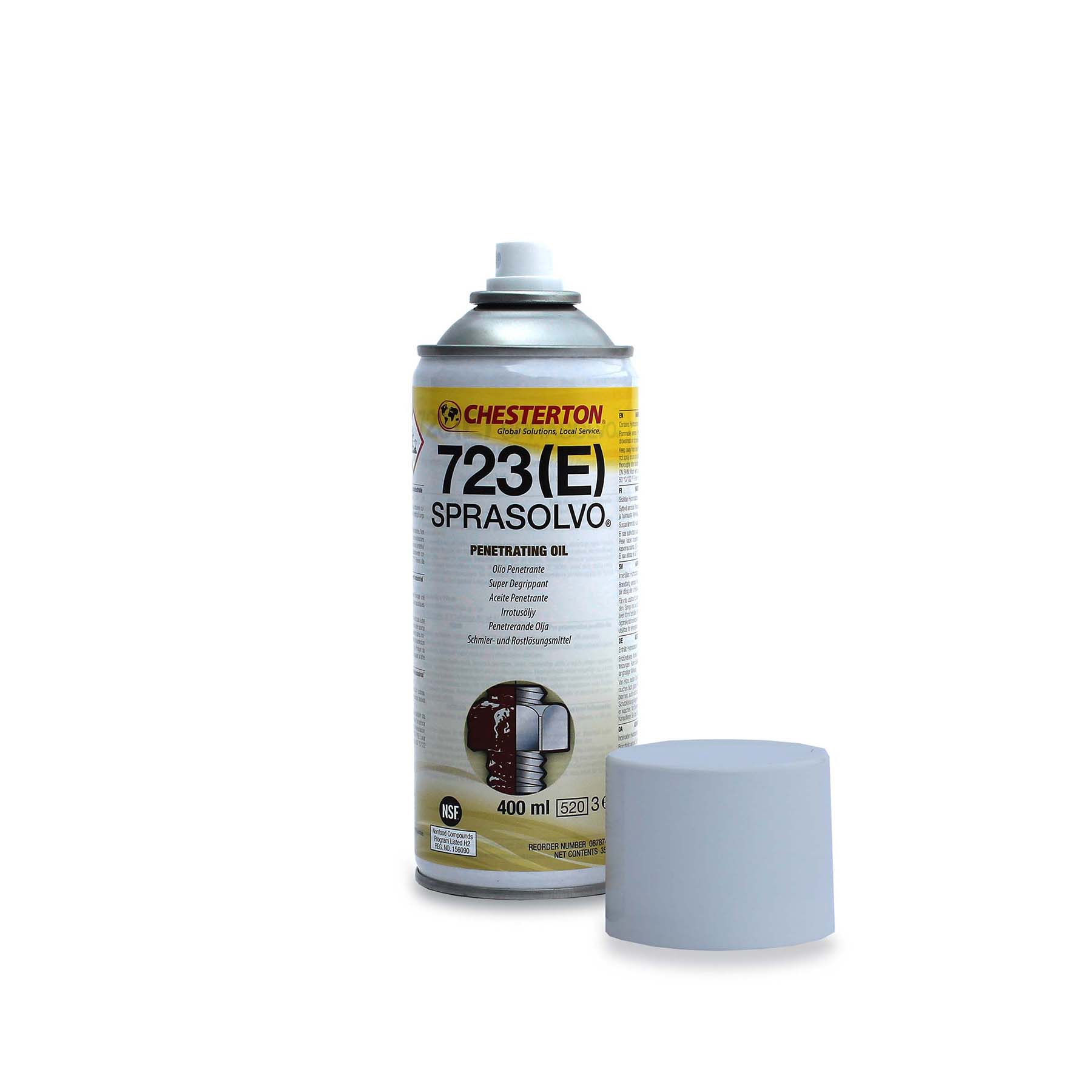 Chesterton 723(E) Sprasolvo penetrerande olja i 400 ml sprayburk med silverfärgad behållare, gul logotyp och illustration av rostfri mutter, visad med avtagbart lock.