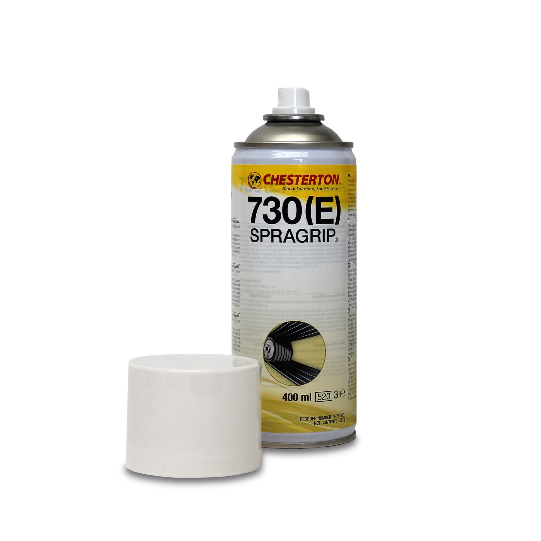 Chesterton 730(E) Spragrip sprayburk för remdrifter. Vit sprayburk med gul etikett.