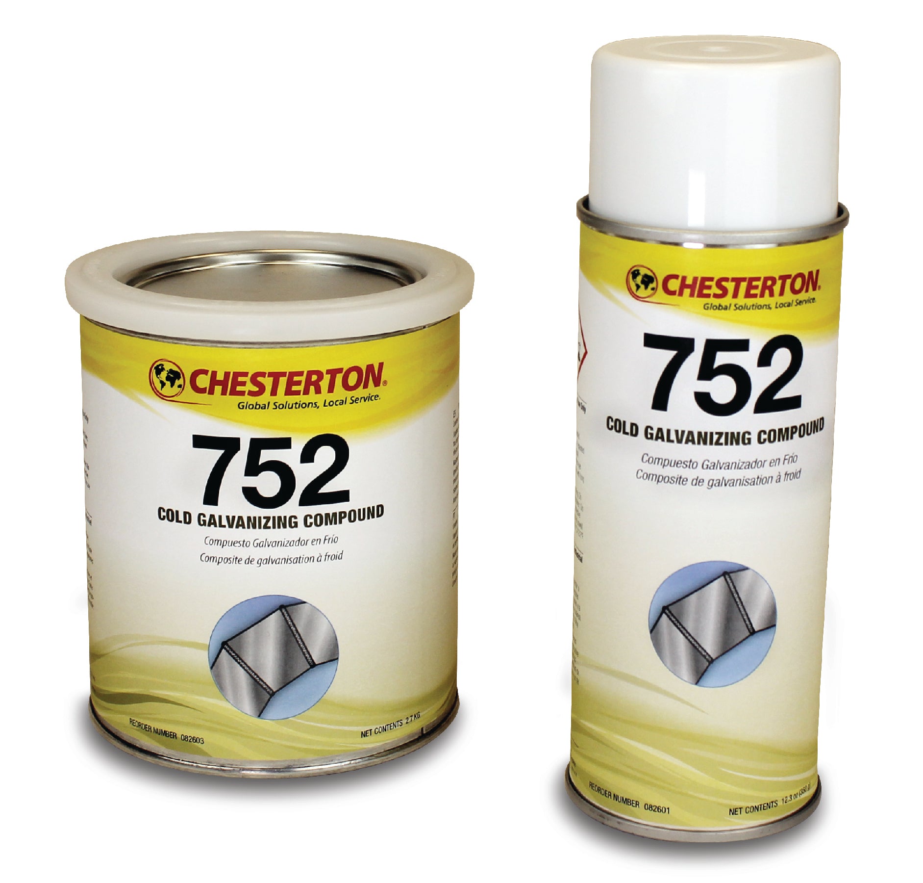 Två Chesterton 752 Cold Galvanizing Compound produkter - en burk och en sprayburk med vita och gula etiketter.