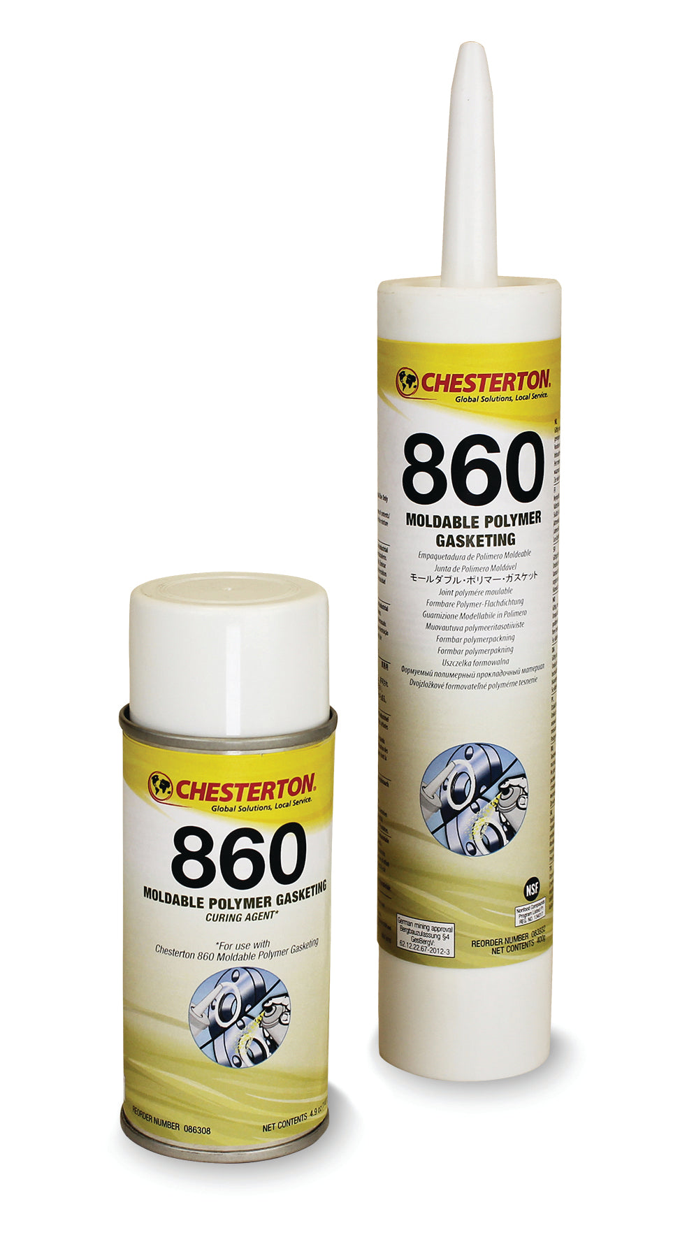 Två Chesterton 860 Moldable Polymer Gasketing produkter - en spray och en tub med vit och gul etikett.