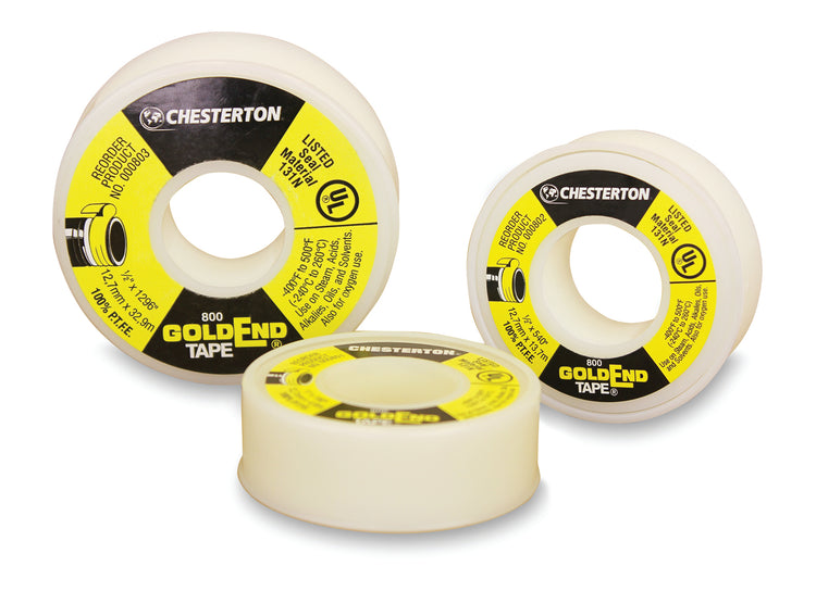 Tre Chesterton Gold End Tape rullar i olika storlekar. Vita tejpruller med gula och svarta etiketter märkta med 800 Gold End Tape.