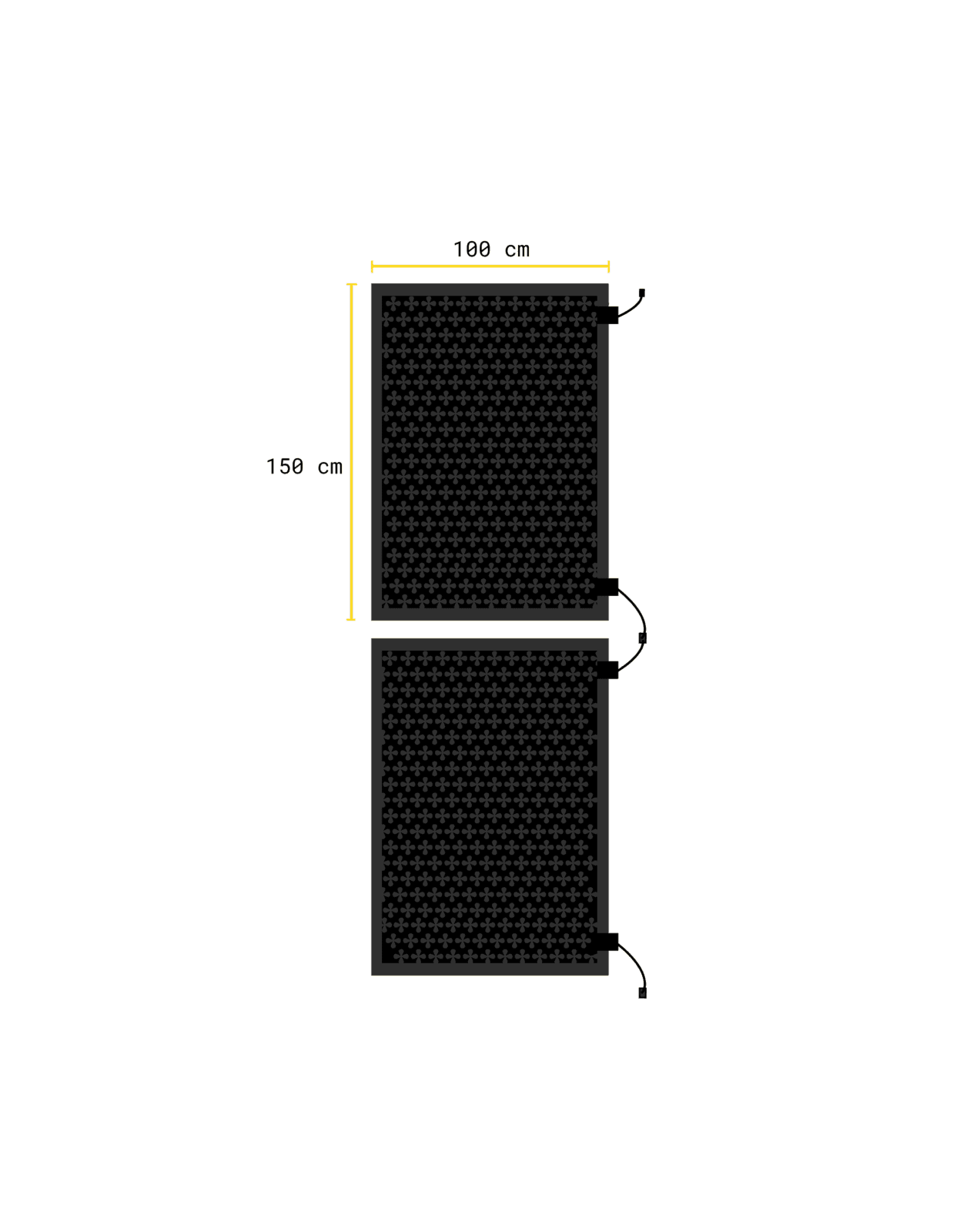 Illustration av två svarta Safestep värmemattor med blomformat mönster och anslutningskablar för seriekoppling i storleken 150x100 cm.