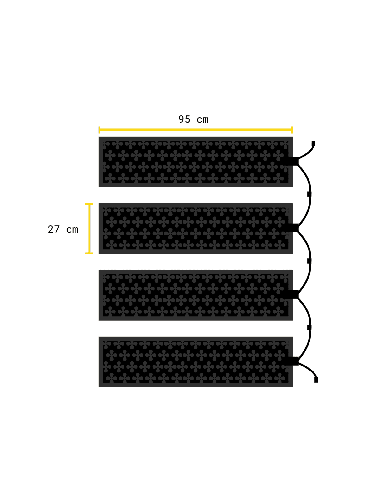 Illustration av fyra svarta Safestep värmemattor med blomformat mönster och anslutningskablar för seriekoppling i storleken 27x95 cm.