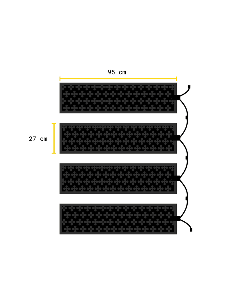 Illustration av fyra svarta Safestep värmemattor med blomformat mönster och anslutningskablar för seriekoppling i storleken 27x95 cm.