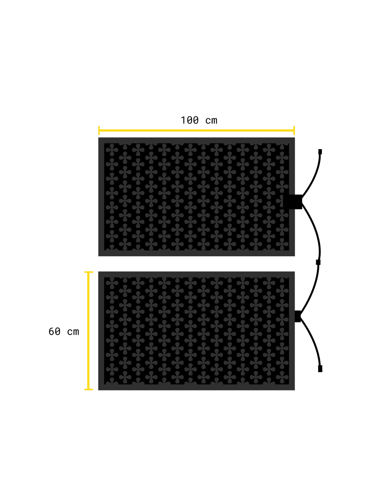 Illustration av två svarta Safestep värmemattor med blomformat mönster och anslutningskablar för seriekoppling i storleken 100x60 cm.