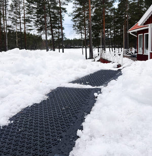 Snöfri gångväg med installerade värmemattor leder genom snödrivor fram till röd stuga med vit veranda i vinterlandskap.