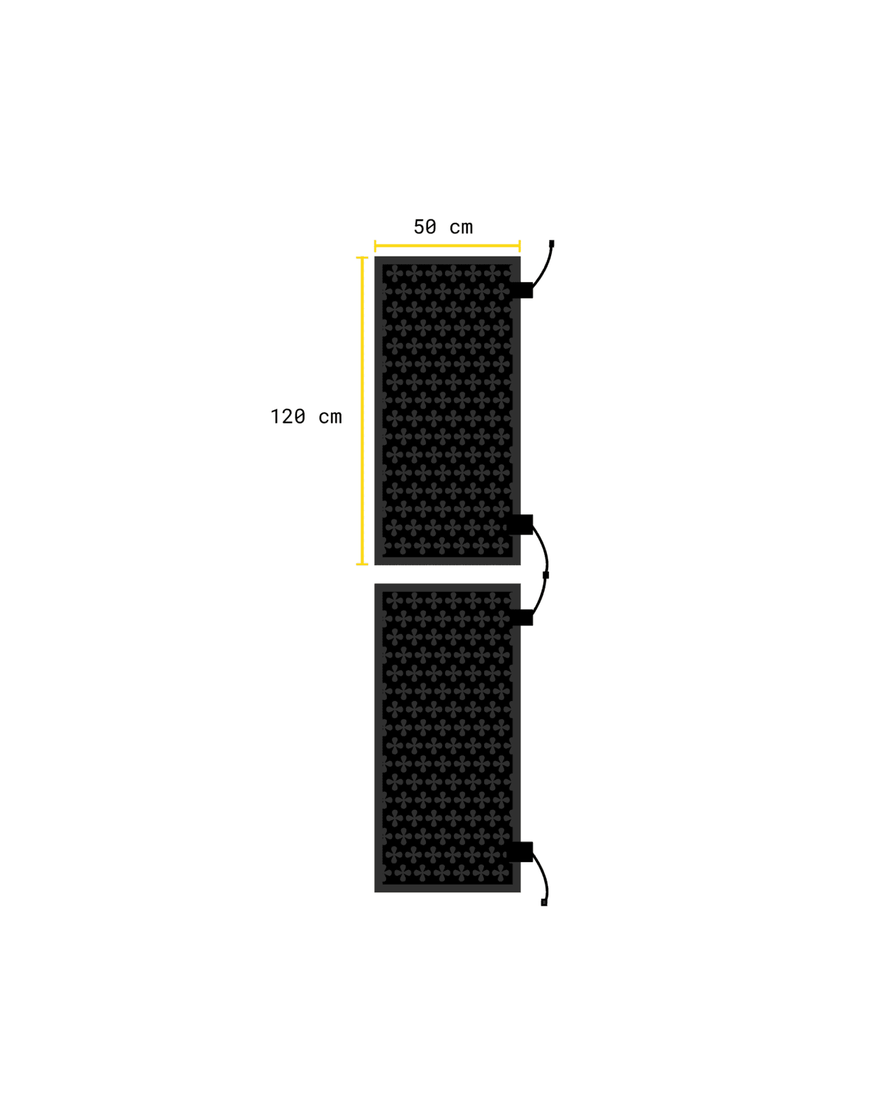 Illustration av två svarta Safestep värmemattor med blomformat mönster och anslutningskablar för seriekoppling i storleken 50x120 cm.