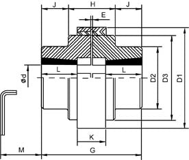 Teknisk ritning av axelkoppling med måttangivelser som visar dimensioner J, H, E, DB, DI, G, K och M för korrekt installation.